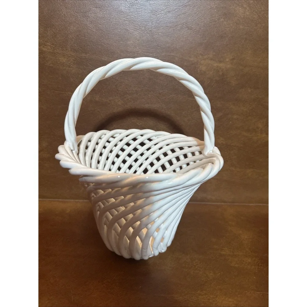 Vintage Ceramic Woven Basket With Handle